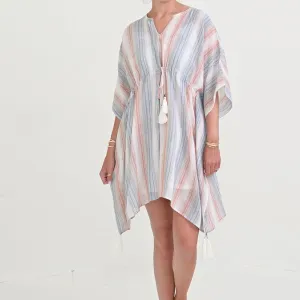 Slate & Blush Stripe Linen Short Caftan Coverup