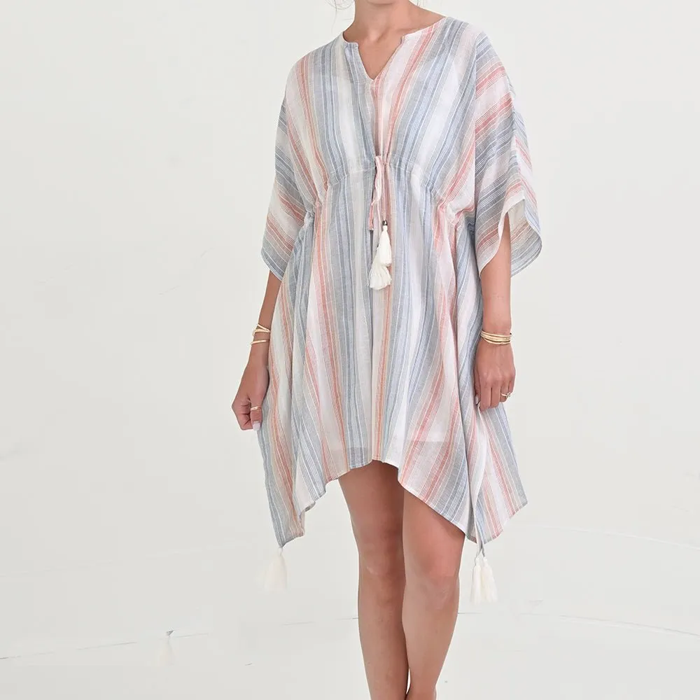 Slate & Blush Stripe Linen Short Caftan Coverup