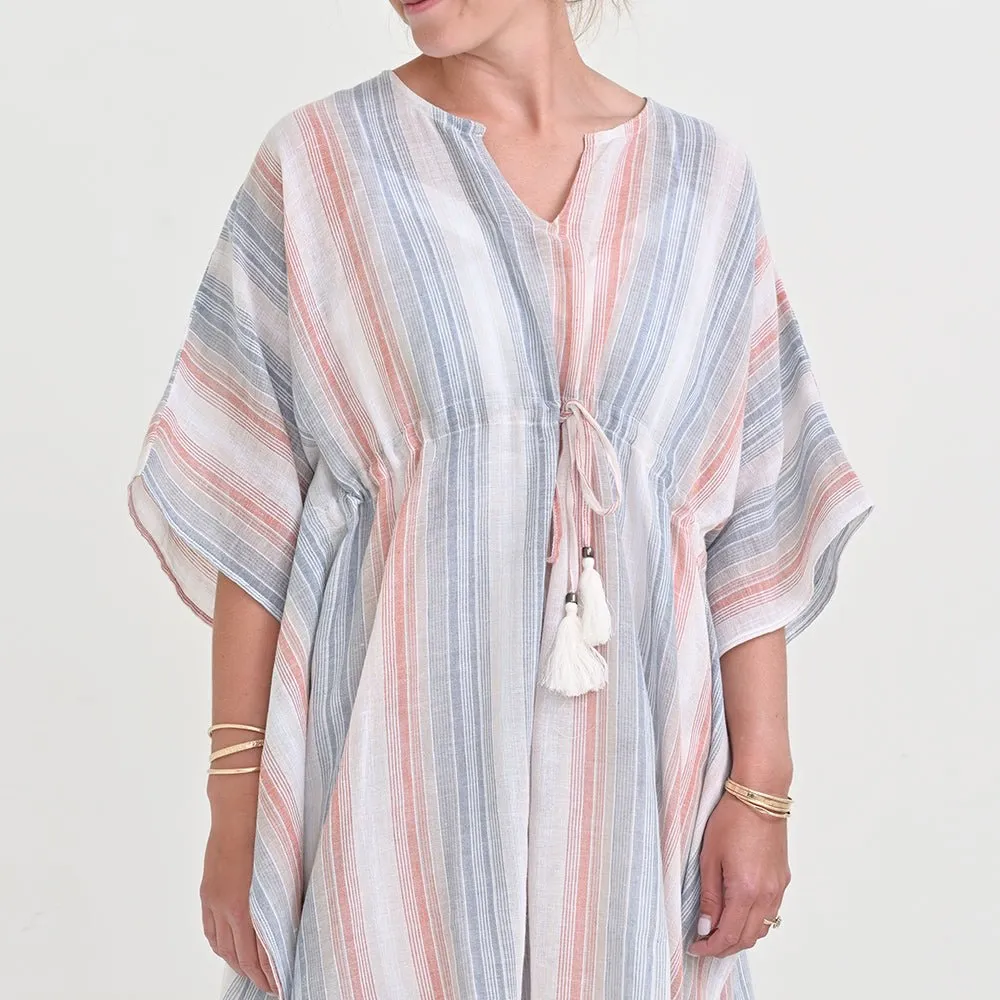 Slate & Blush Stripe Linen Short Caftan Coverup