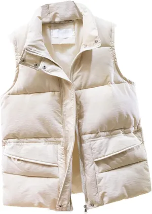 Solid Short Style Vest For Women Cotton Padded Women's Winter Sleeveless Jacket With Zipper Stand Collar Casual Coats