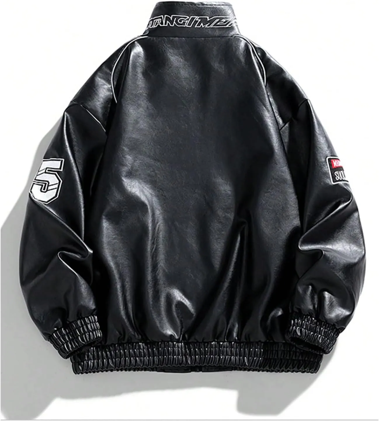 SOLY HUX Men's PU Leather Jacket Letter Graphic Zip Up Mock Neck Long Sleeve Motorcycle Jacket Coats