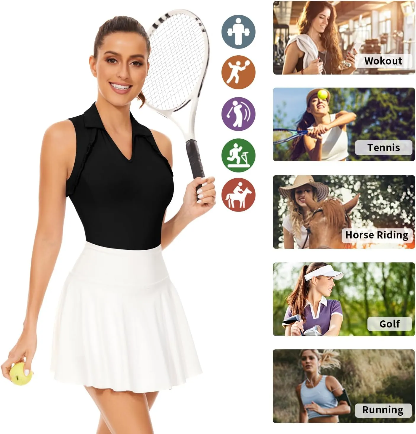 Soneven Womens Sleeveless Golf Shirt UPF 50  Moisture Wicking Ruffle Tennis Shirt