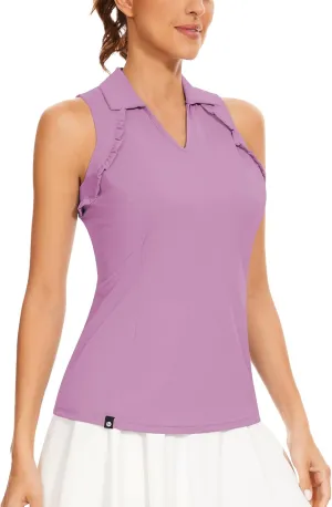 Soneven Womens Sleeveless Golf Shirt UPF 50  Moisture Wicking Ruffle Tennis Shirt