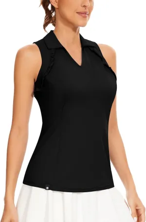 Soneven Womens Sleeveless Golf Shirt UPF 50  Moisture Wicking Ruffle Tennis Shirt
