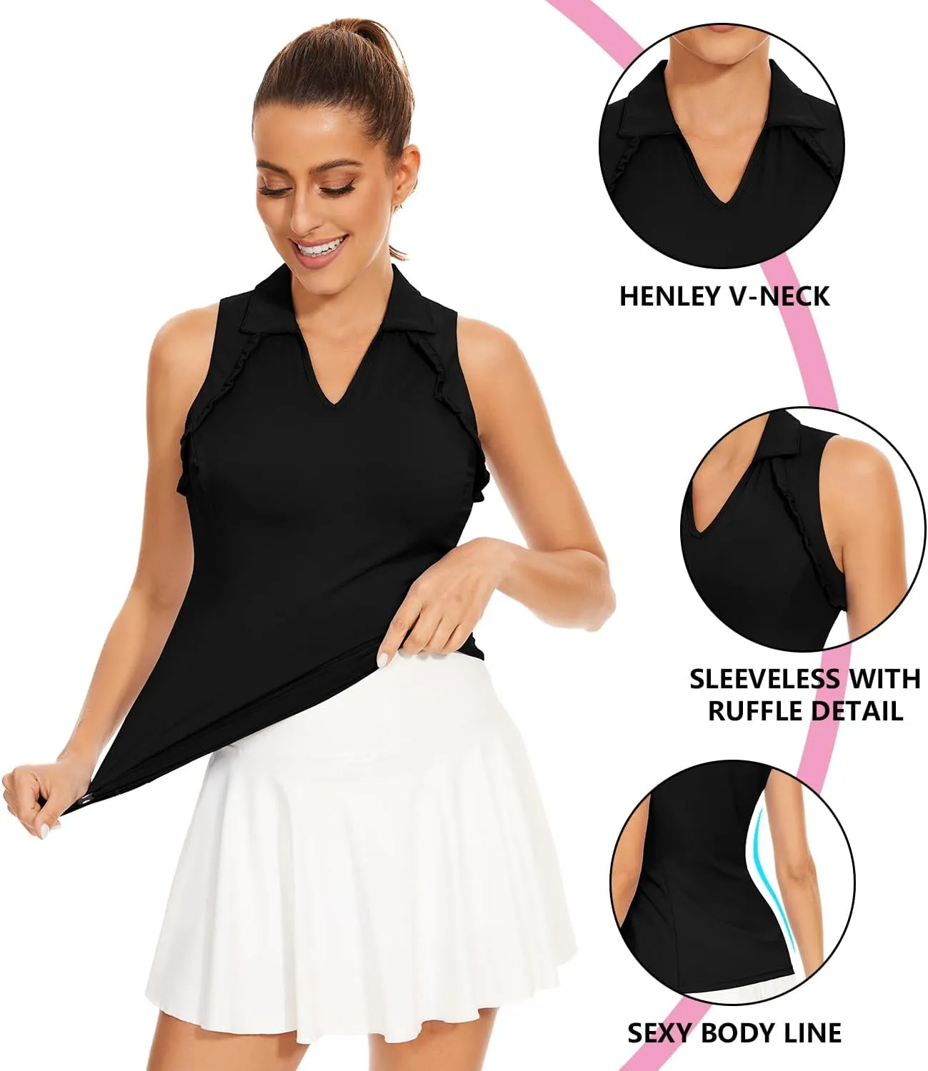 Soneven Womens Sleeveless Golf Shirt UPF 50  Moisture Wicking Ruffle Tennis Shirt