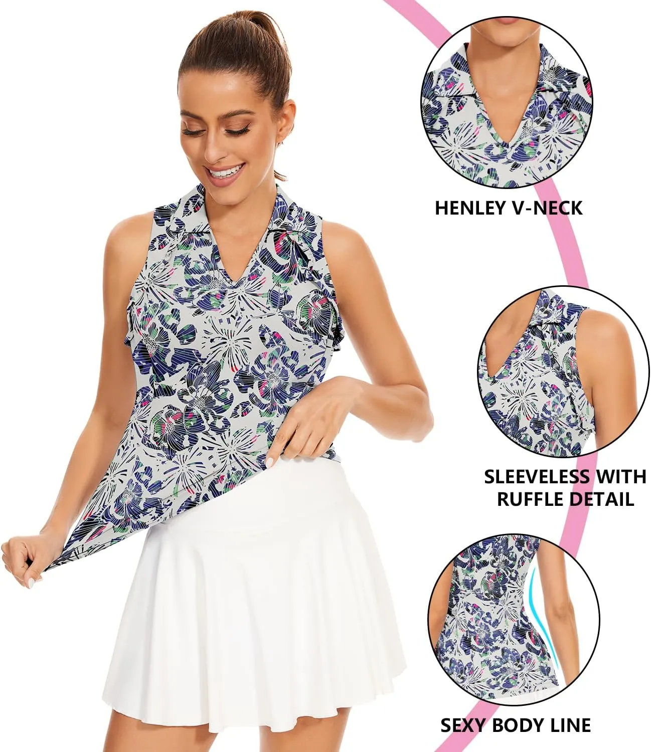 Soneven Womens Sleeveless Golf Shirt UPF 50  Moisture Wicking Ruffle Tennis Shirt