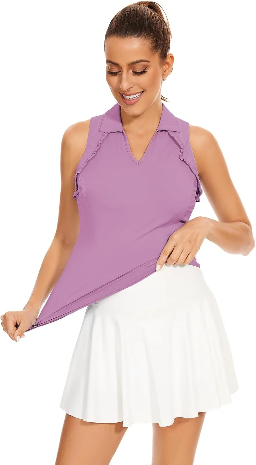 Soneven Womens Sleeveless Golf Shirt UPF 50  Moisture Wicking Ruffle Tennis Shirt