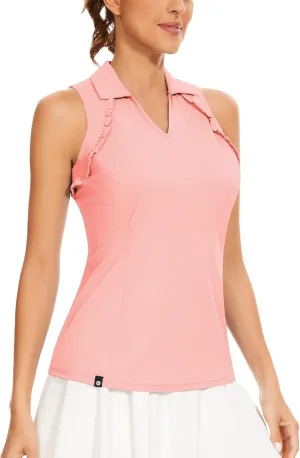 Soneven Womens Sleeveless Golf Shirt UPF 50  Moisture Wicking Ruffle Tennis Shirt