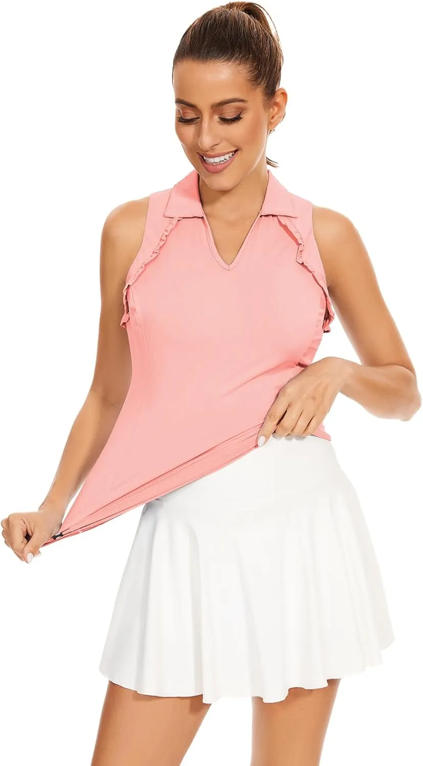 Soneven Womens Sleeveless Golf Shirt UPF 50  Moisture Wicking Ruffle Tennis Shirt