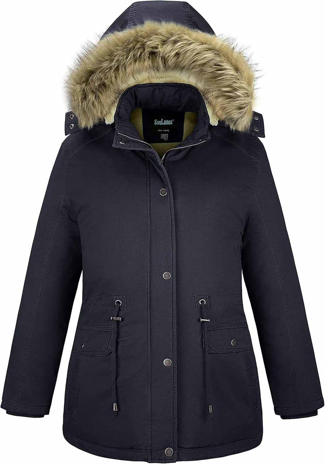 Soularge Women's Winter Plus Size Sherpa Lined Coats with Detachable Hood
