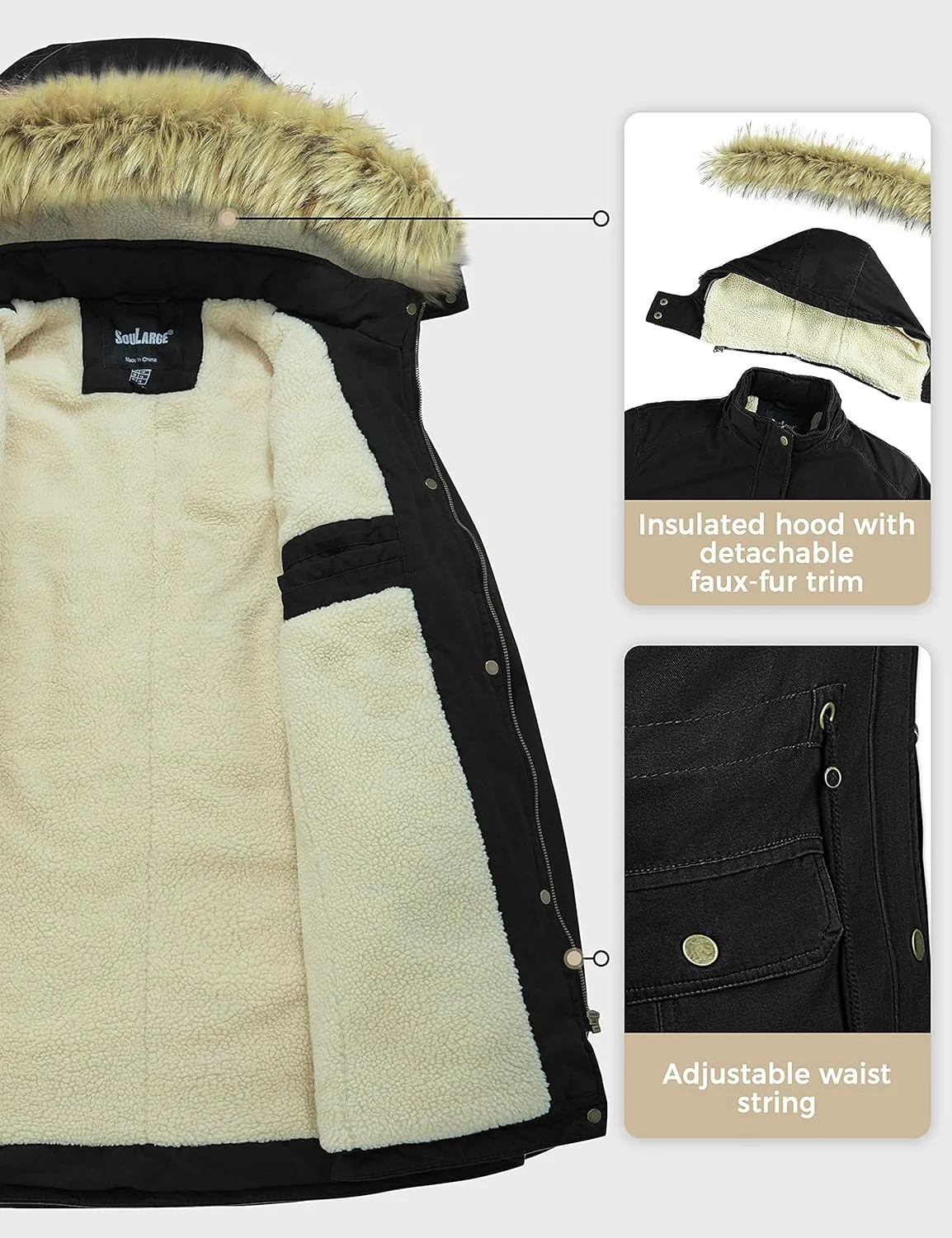 Soularge Women's Winter Plus Size Sherpa Lined Coats with Detachable Hood