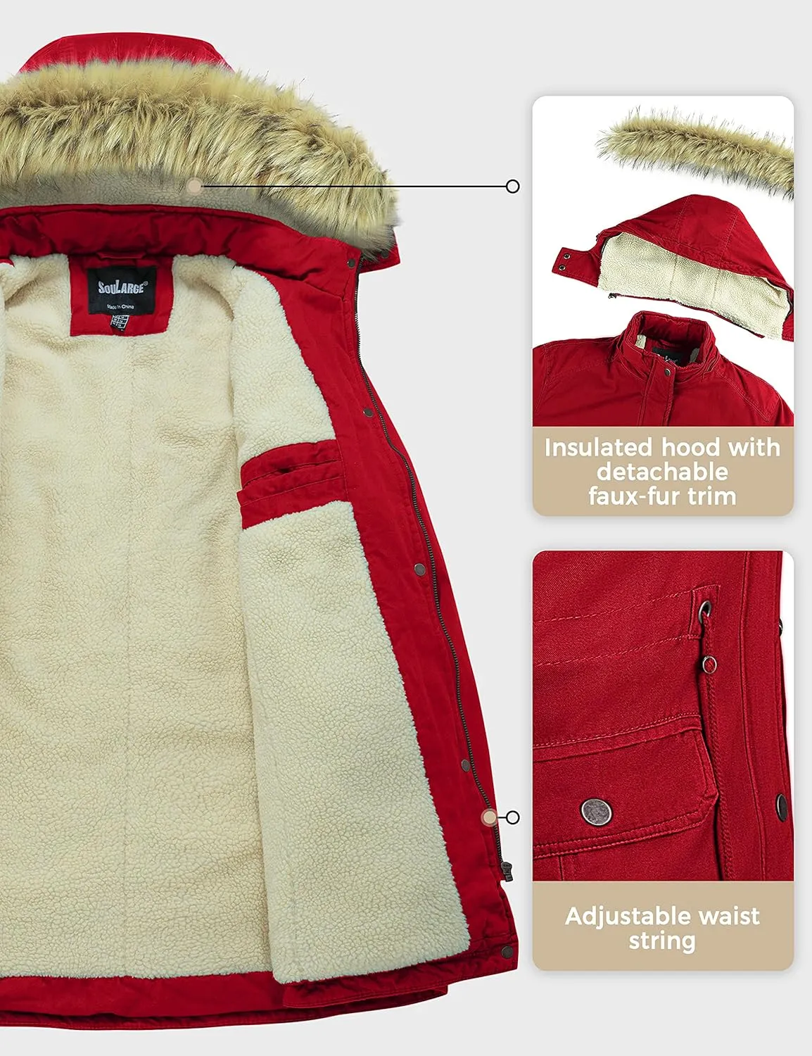 Soularge Women's Winter Plus Size Sherpa Lined Coats with Detachable Hood