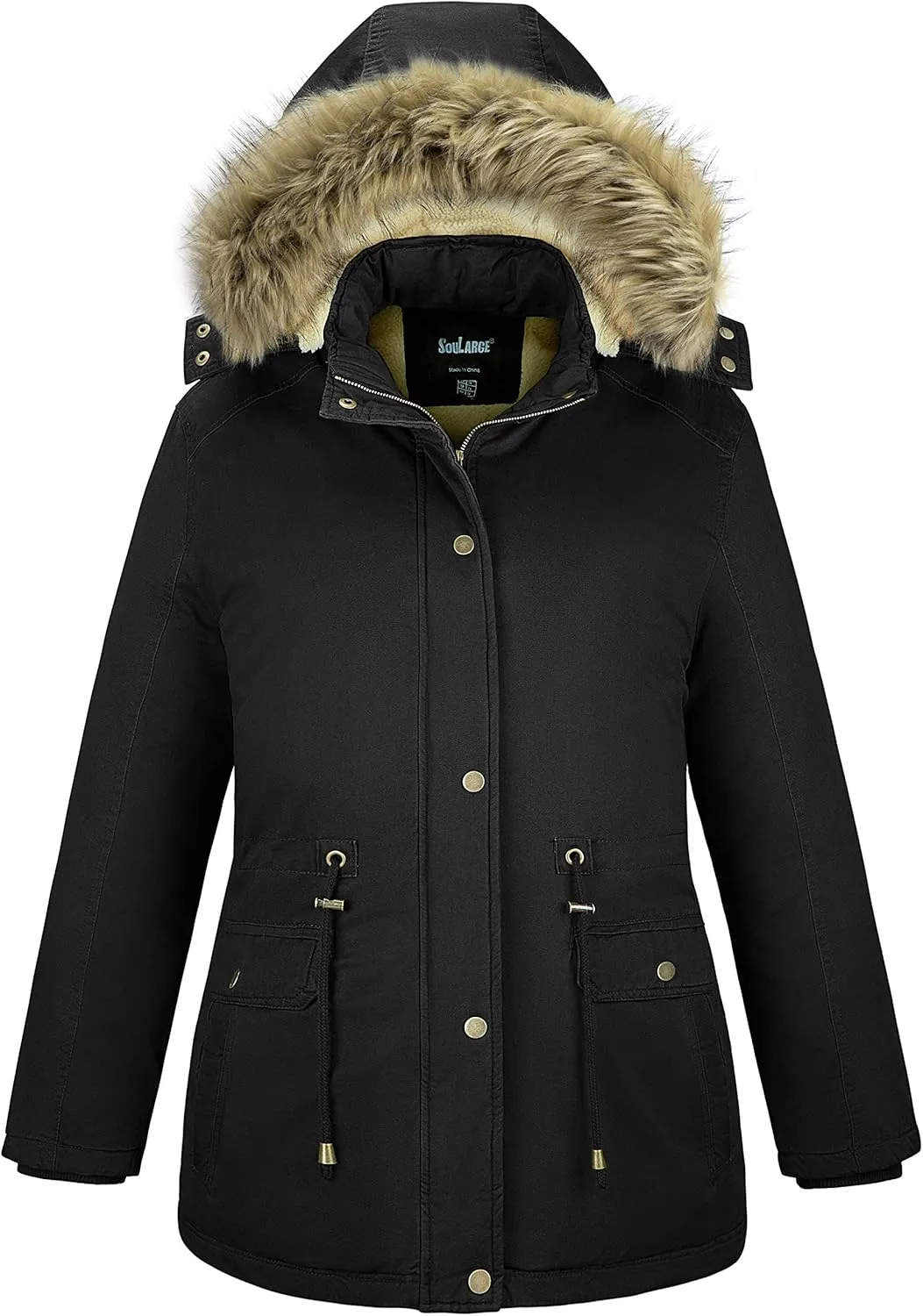 Soularge Women's Winter Plus Size Sherpa Lined Coats with Detachable Hood