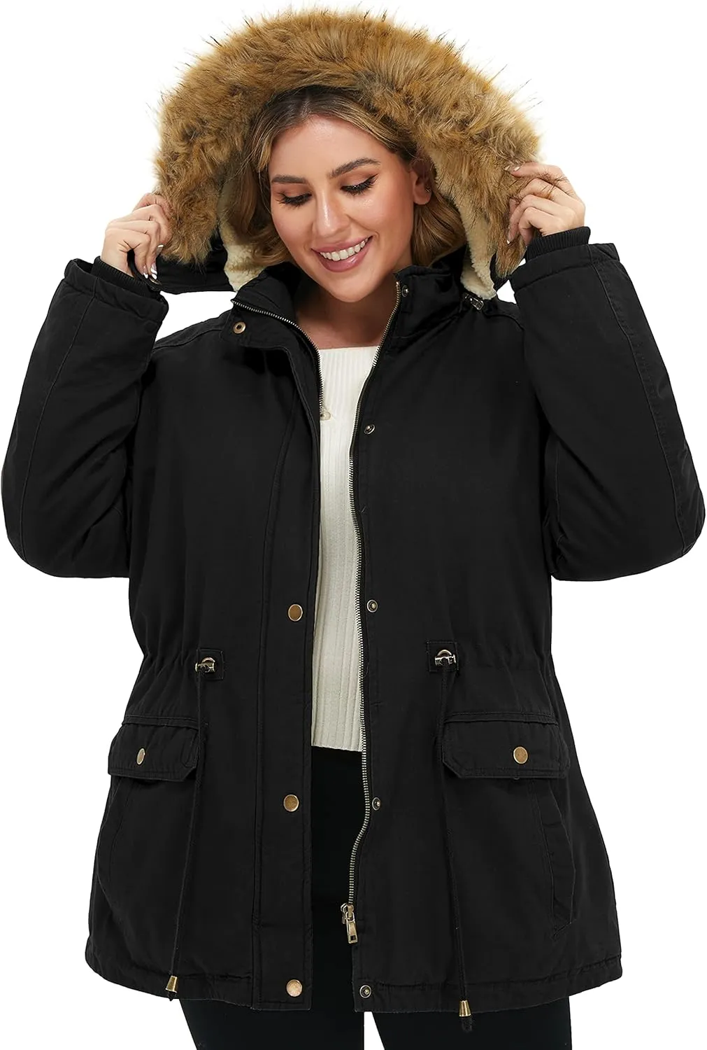 Soularge Women's Winter Plus Size Sherpa Lined Coats with Detachable Hood
