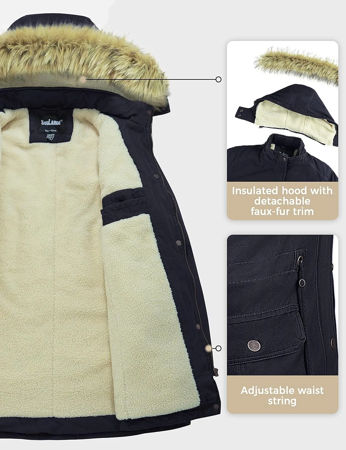 Soularge Women's Winter Plus Size Sherpa Lined Coats with Detachable Hood