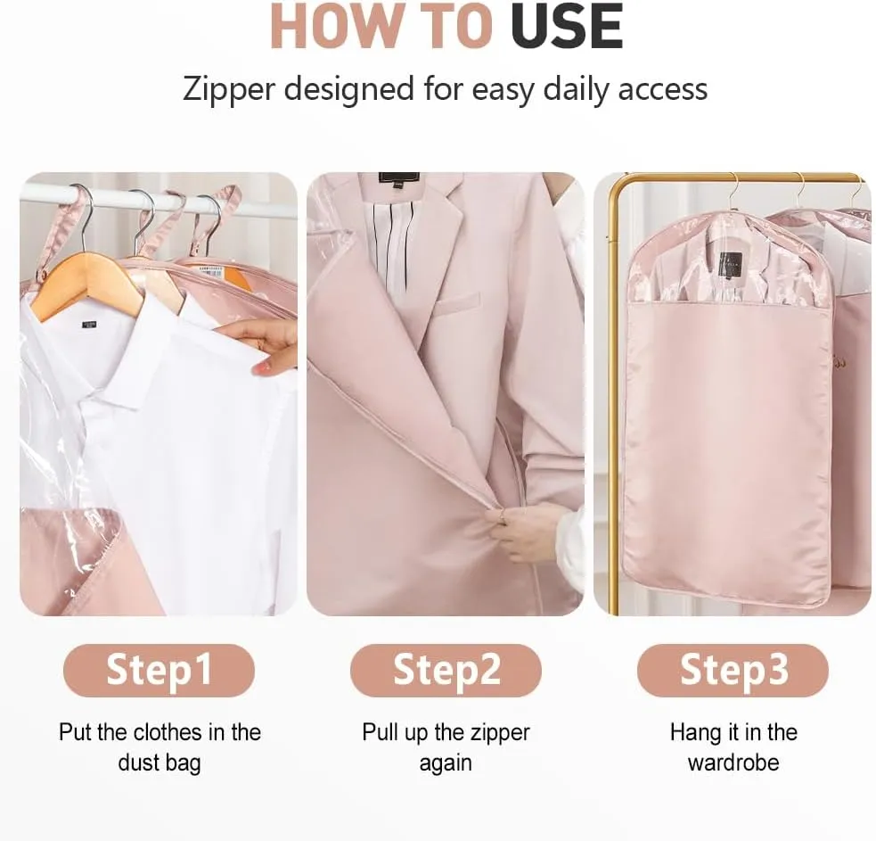 Space Saving Hanging Garment Bag with Self Compression Zipper, 2025 New Garment Bag for Hanging Clothes, Large-Capacity Down Coat storage Protector with Transparent Window (Pink, Short)