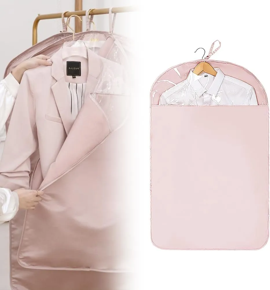 Space Saving Hanging Garment Bag with Self Compression Zipper, 2025 New Garment Bag for Hanging Clothes, Large-Capacity Down Coat storage Protector with Transparent Window (Pink, Short)
