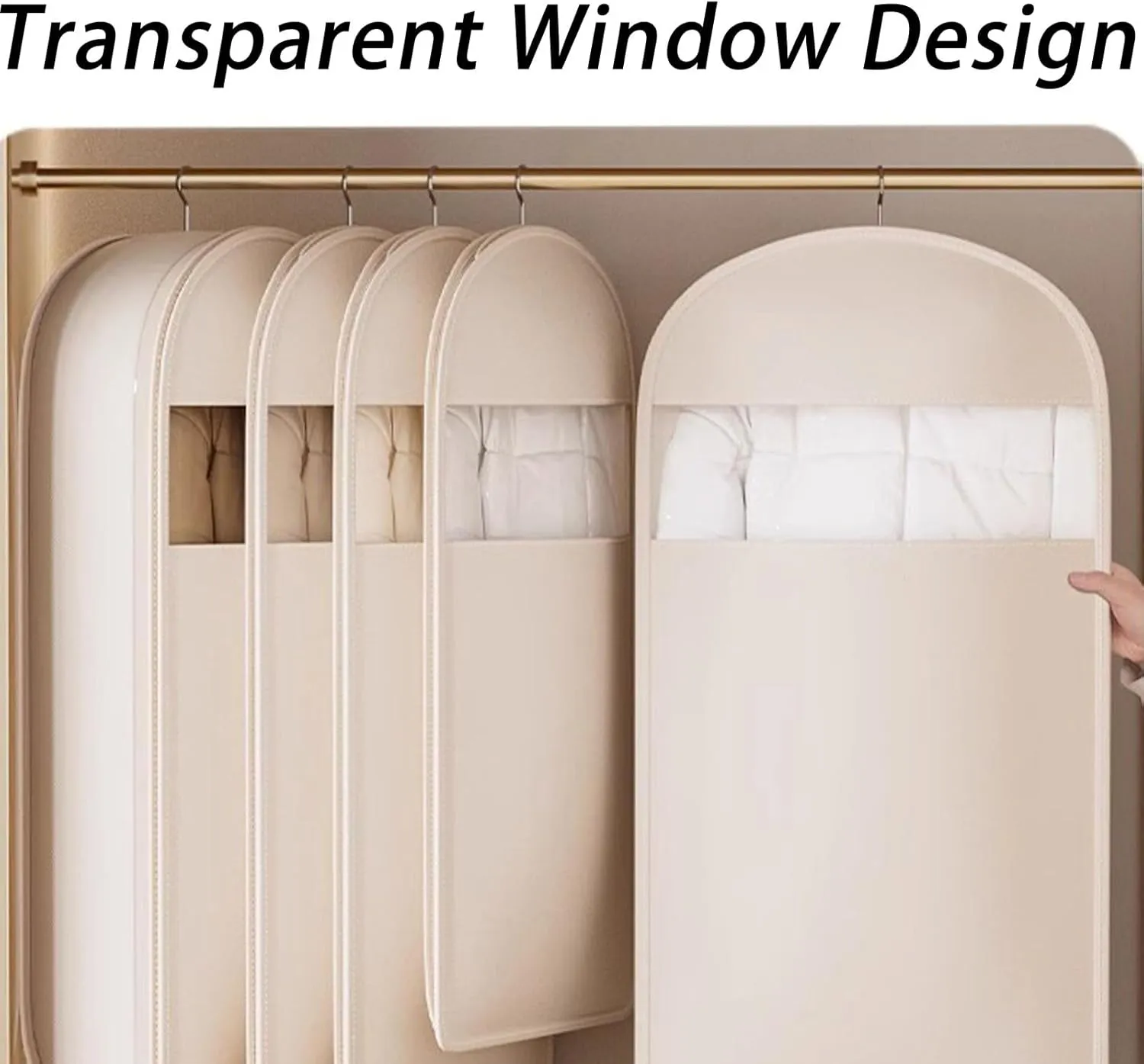 Space Saving Hanging Garment Bag with Self Compression Zipper, Dust Cover Clothes Bags for Down Coat, Space Saver Closet Organizers (Beige, 3PCS)
