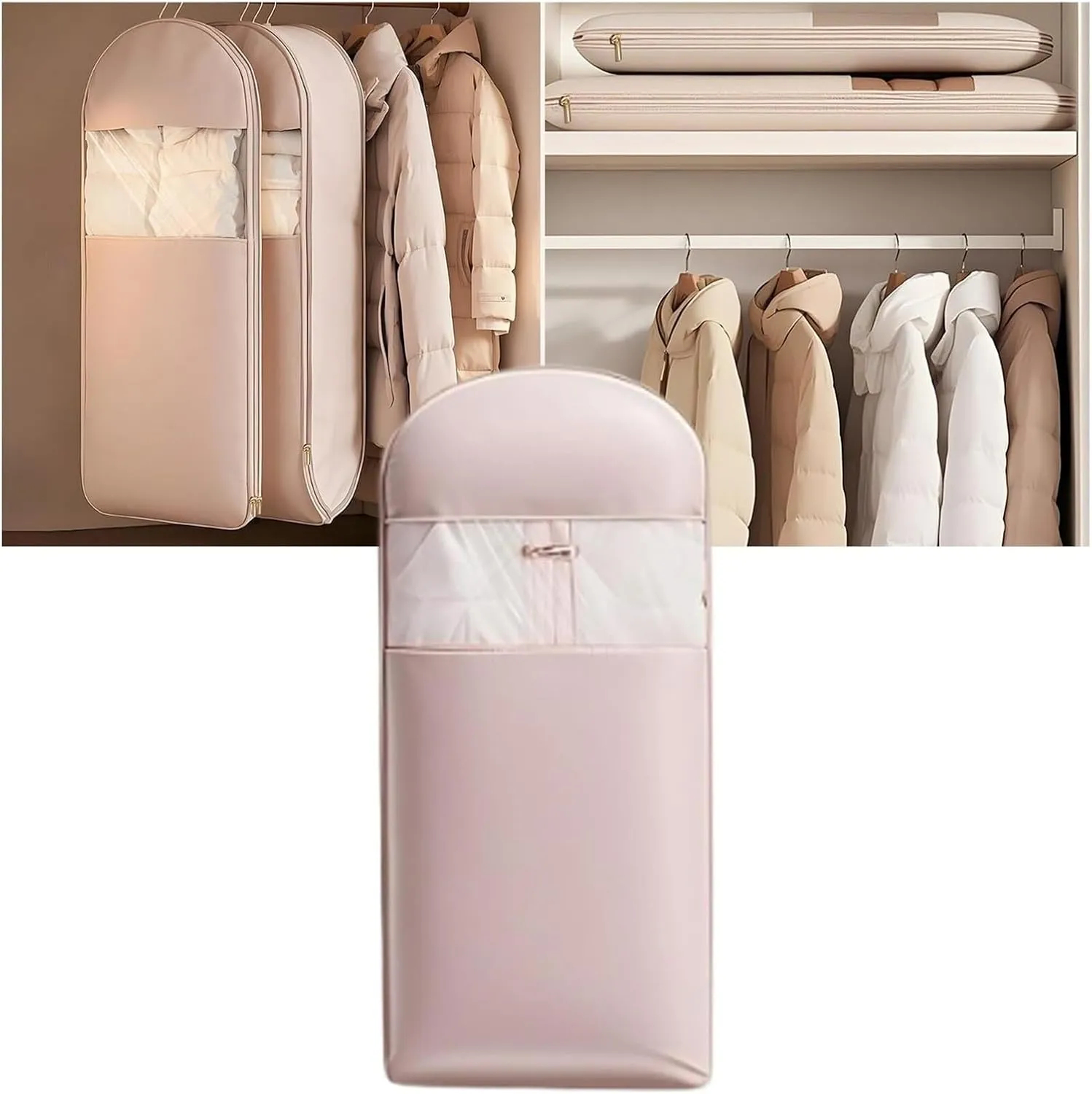 Space Saving Hanging Garment Bag with Self Compression Zipper Space Saver Closet Organizers for Closet Storage(Pink,XL)
