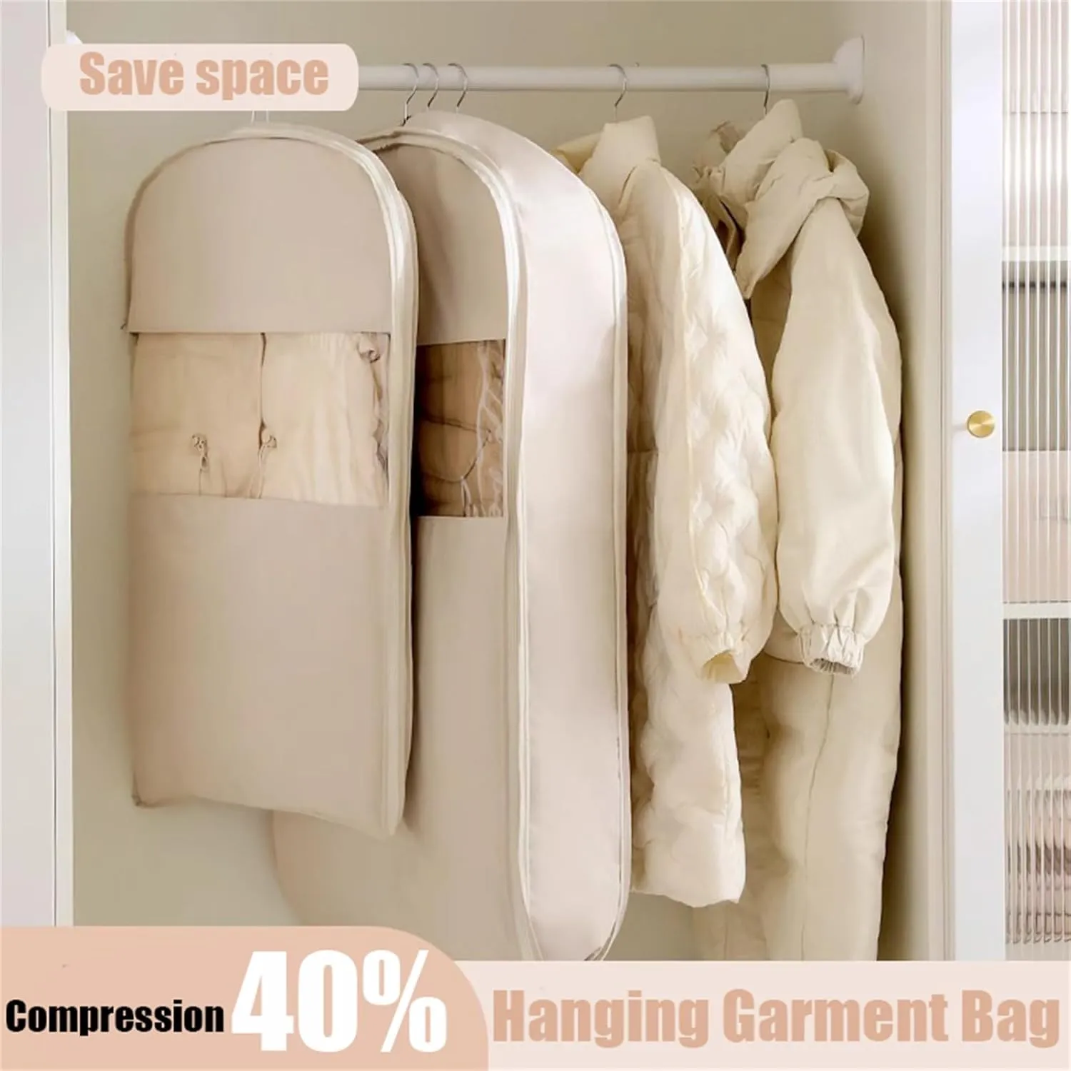 Space Saving Hanging Garment Bag with Self Compression Zipper, Taprinferior Hanging Garment Bag, Large Garment Bags (Beige,M)