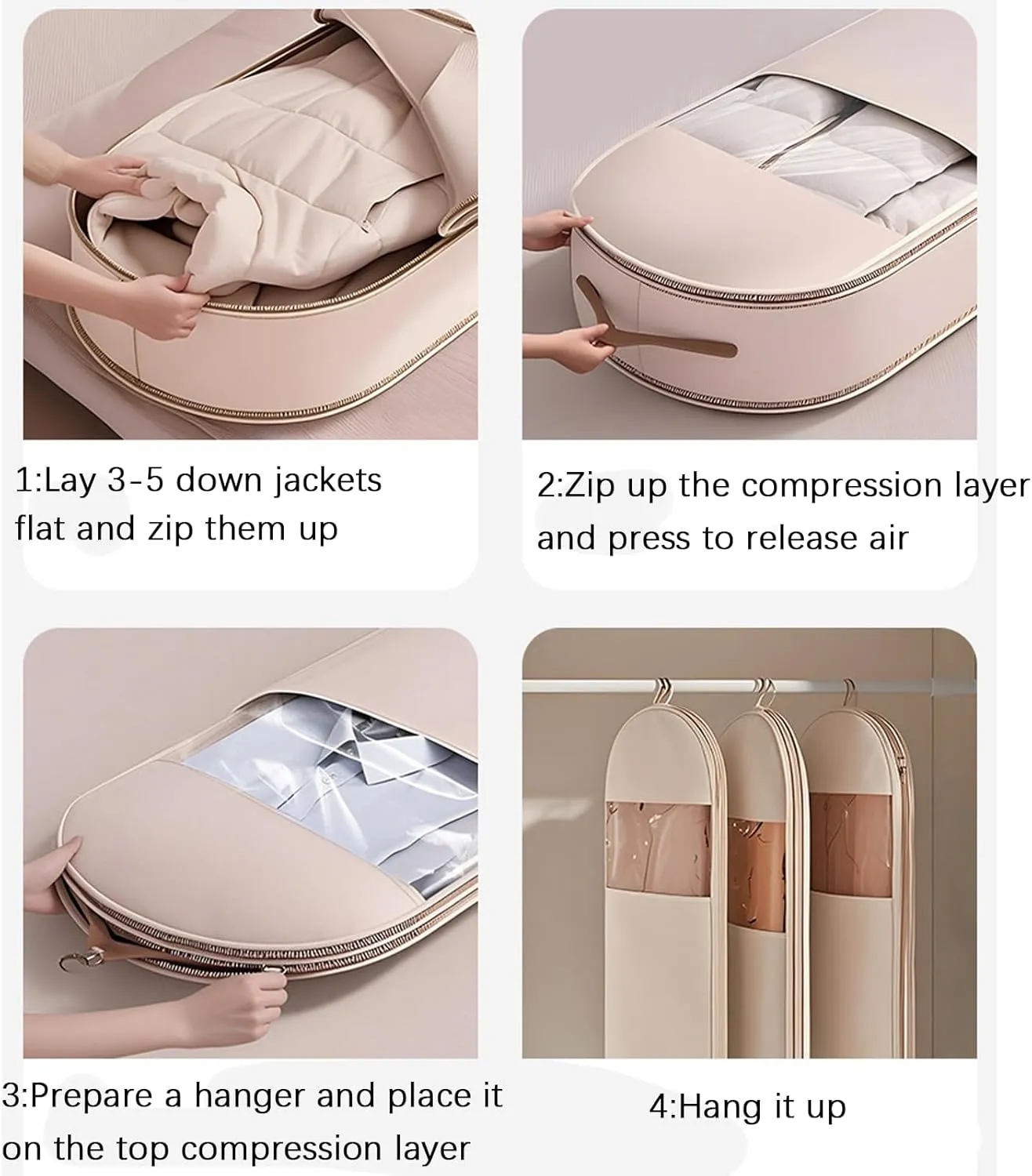 Space Saving Hanging Garment Bag with Self Compression Zipper, Taprinferior Hanging Garment Bag, Large Garment Bags (Beige,M)
