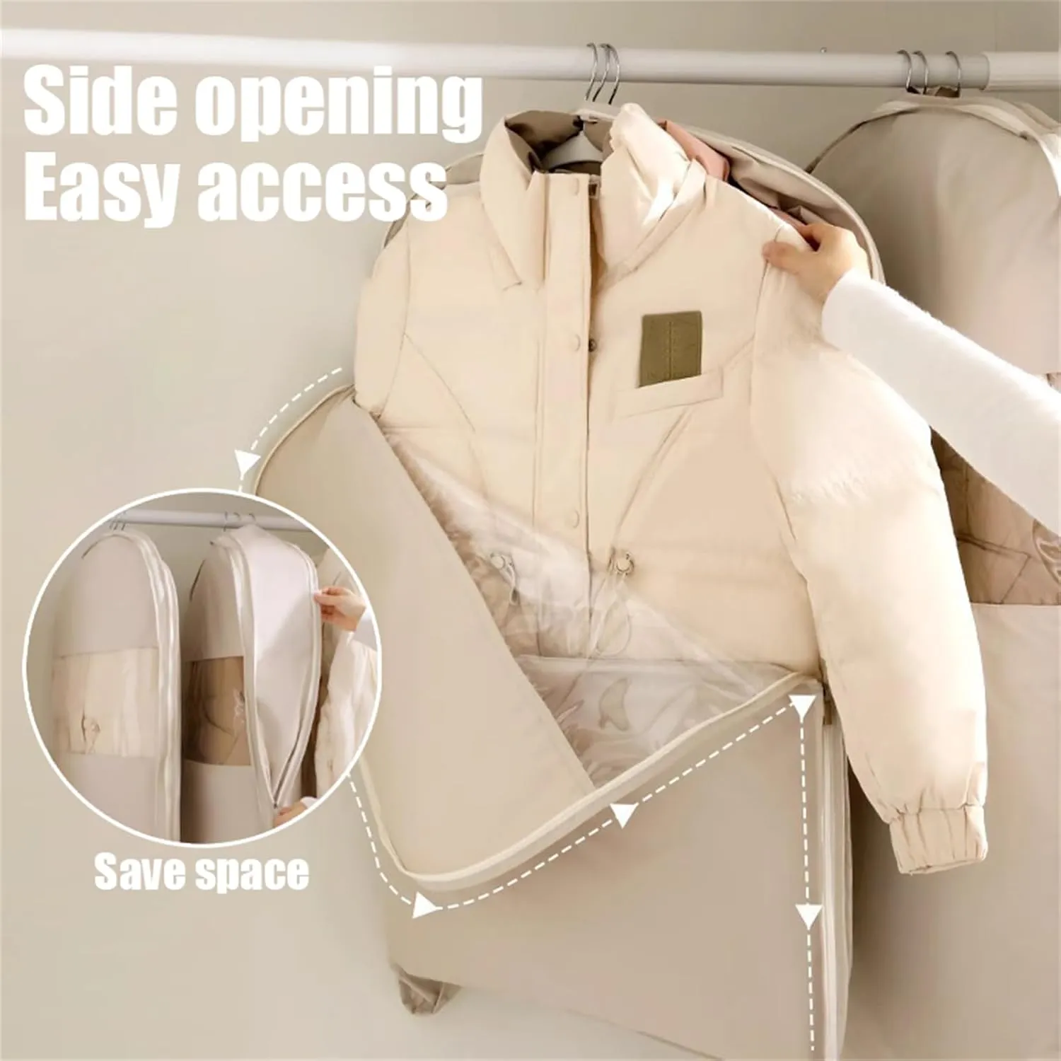 Space Saving Hanging Garment Bag with Self Compression Zipper, Taprinferior Hanging Garment Bag, Large Garment Bags (Beige,M)