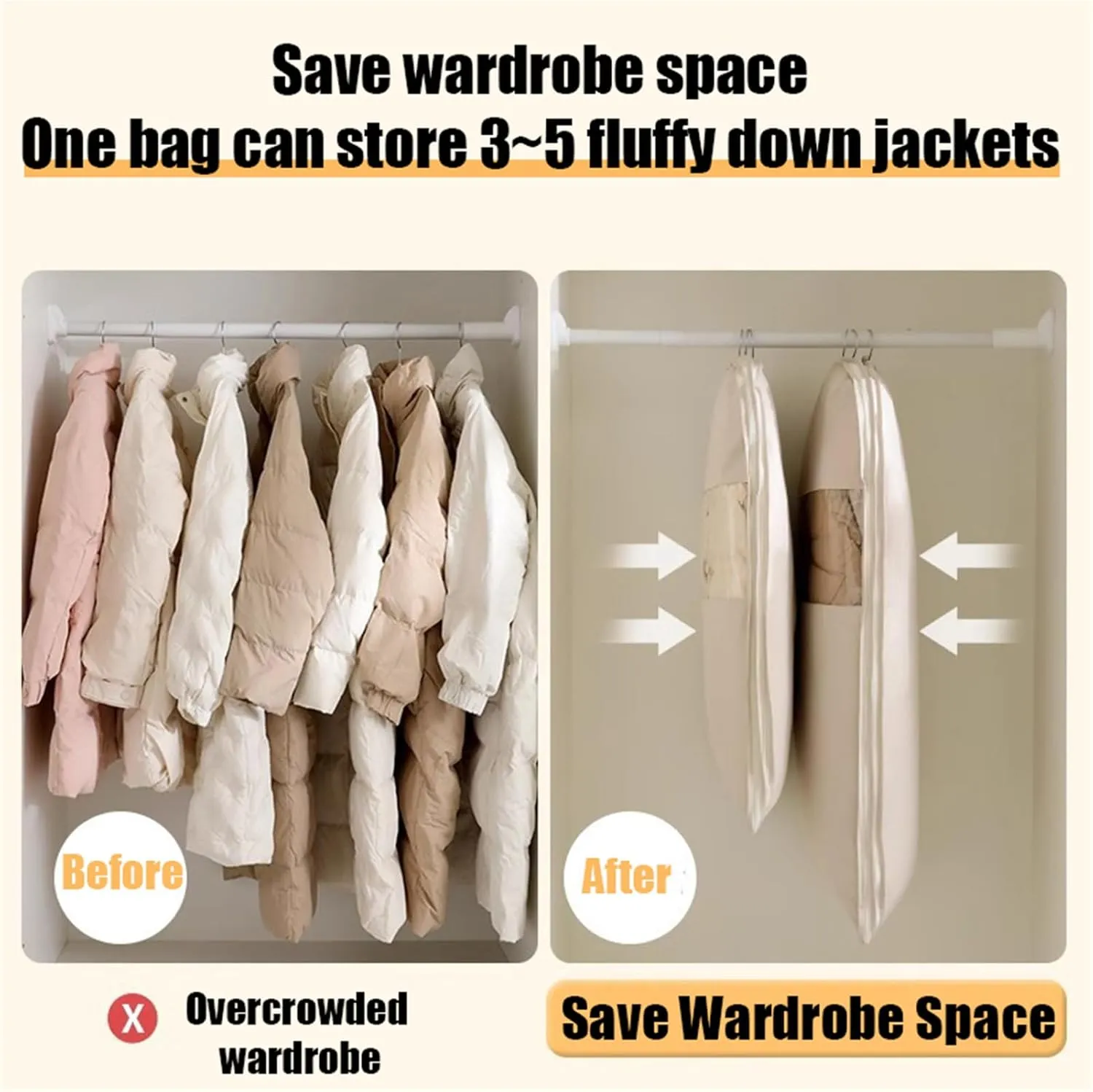 Space Saving Hanging Garment Bag with Self Compression Zipper, Taprinferior Hanging Garment Bag, Large Garment Bags (Beige,M)