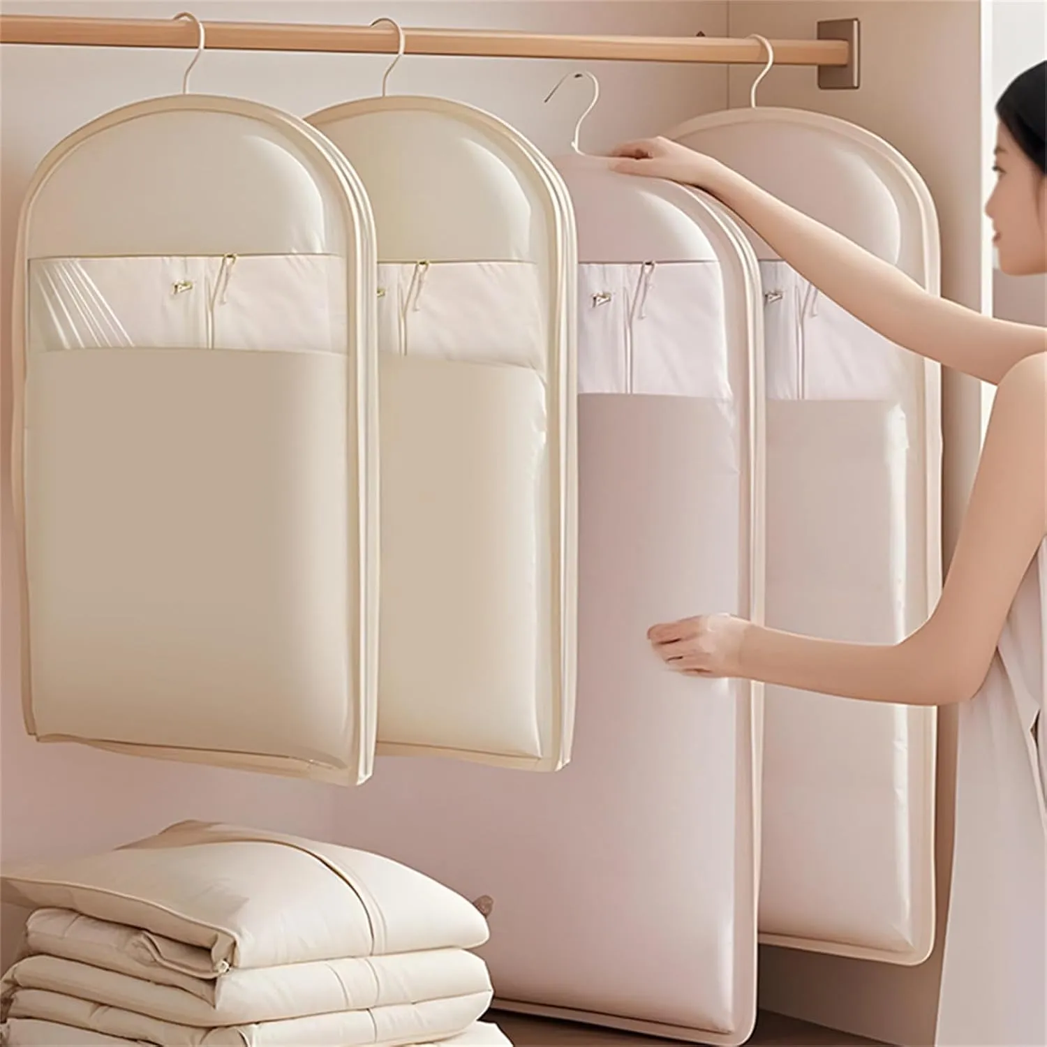 Space Saving Hanging Garment Bag with Self Compression Zipper, Taprinferior Hanging Garment Bag, Large Garment Bags (Beige,M)