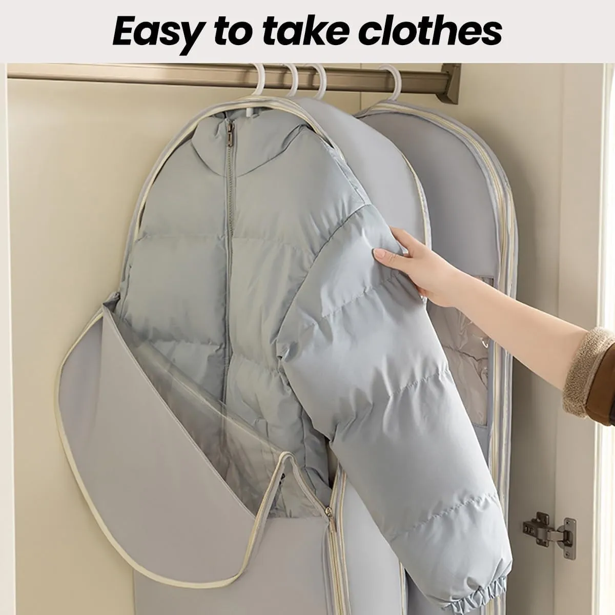 Space Saving Hanging Garment Bag with Self Compression Zipper, Ultra Space Coat Storage Bag Hanging for Moving or Storaging Clothes, Dust Cover Clothes Bags Travel Organizer(Beige,Large)