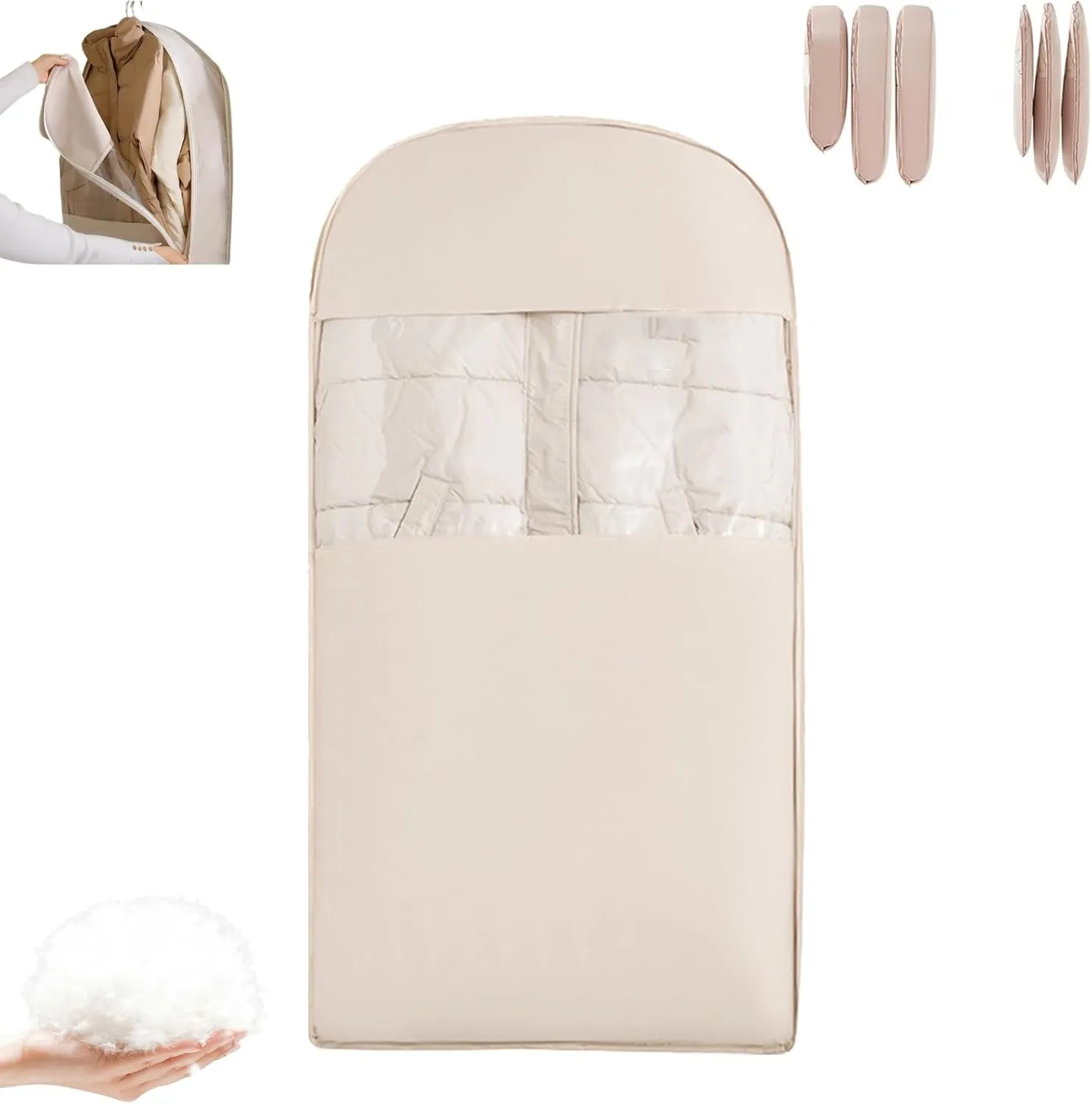 Space Saving Hanging Garment Bag with Self Compression Zipper, Ultra Space Coat Storage Bag Hanging for Moving or Storaging Clothes, Dust Cover Clothes Bags Travel Organizer(Beige,Large)