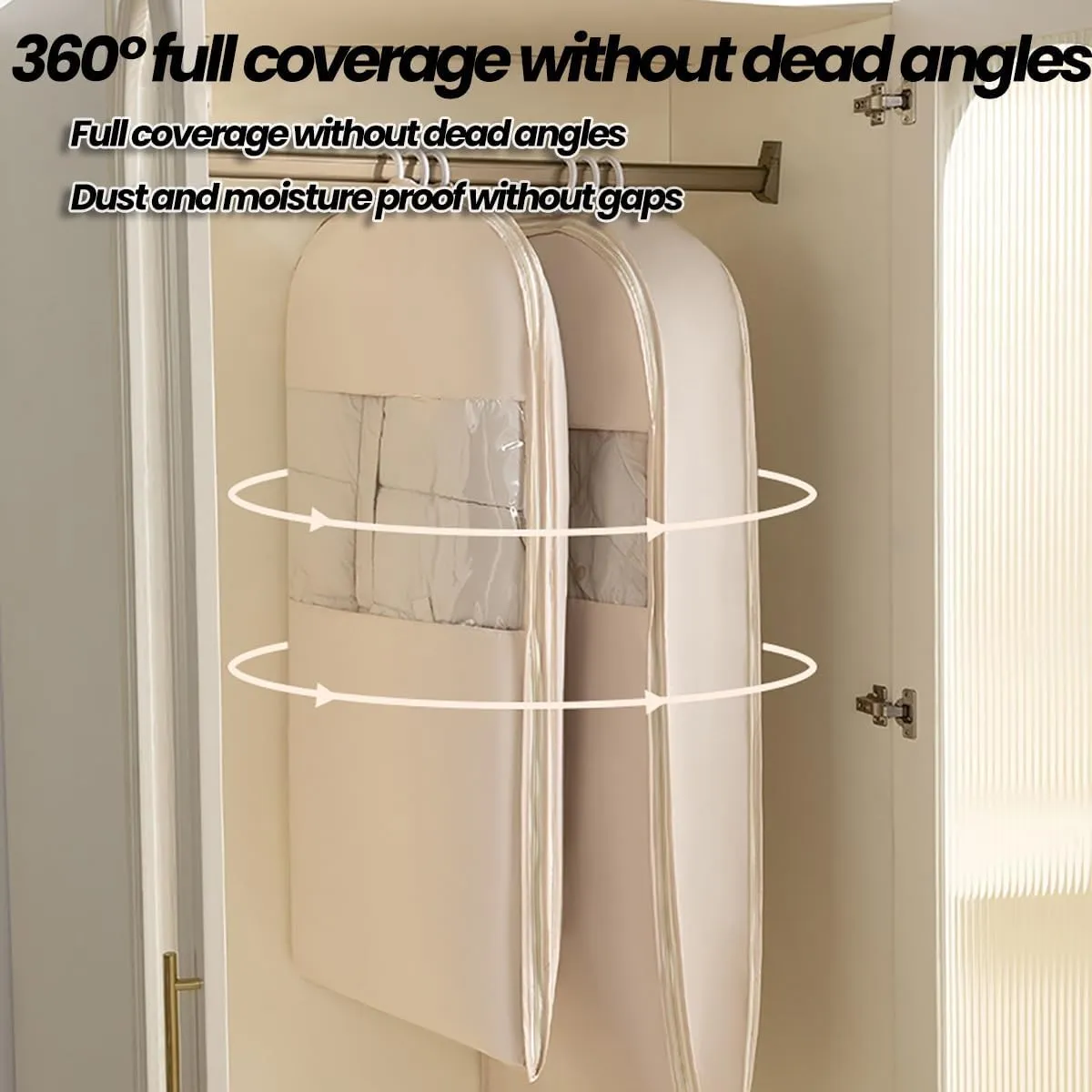 Space Saving Hanging Garment Bag with Self Compression Zipper, Ultra Space Coat Storage Bag Hanging for Moving or Storaging Clothes, Dust Cover Clothes Bags Travel Organizer(Beige,Large)