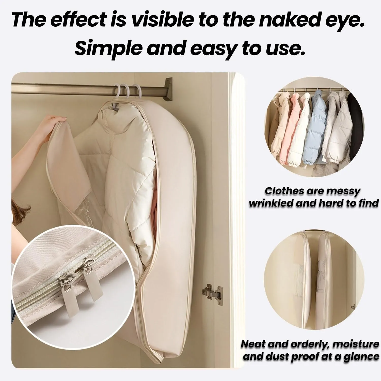 Space Saving Hanging Garment Bag with Self Compression Zipper, Ultra Space Coat Storage Bag Hanging for Moving or Storaging Clothes, Dust Cover Clothes Bags Travel Organizer(Beige,Large)