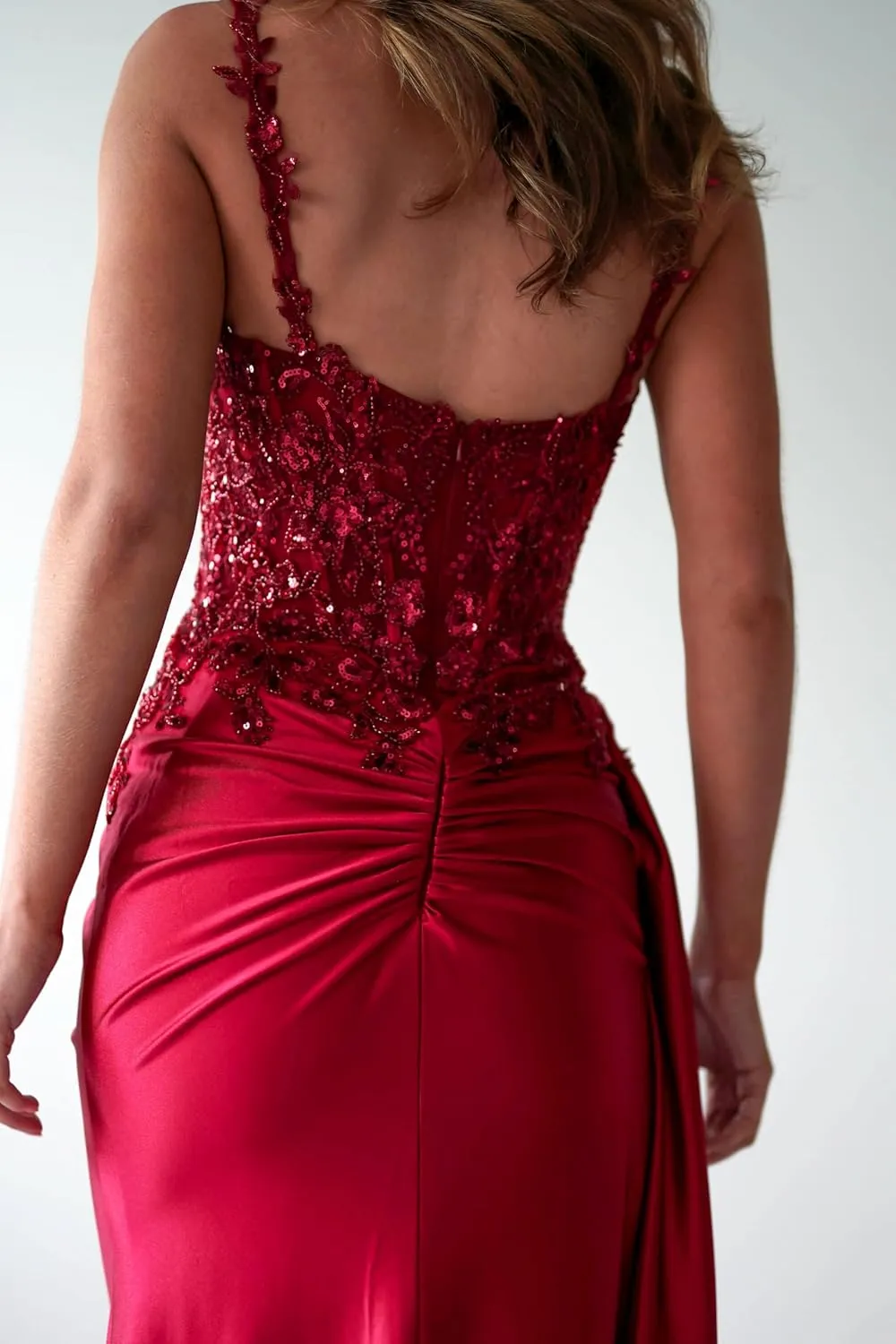 Spaghetti Strap Satin Prom Dress 2025 with Slit Long Mermaid Corset Prom Dresses Formal Evening Dresses for Women