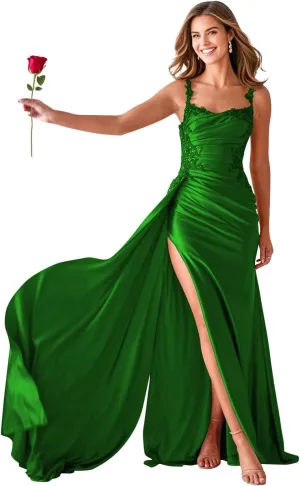 Spaghetti Strap Satin Prom Dress 2025 with Slit Long Mermaid Corset Prom Dresses Formal Evening Dresses for Women