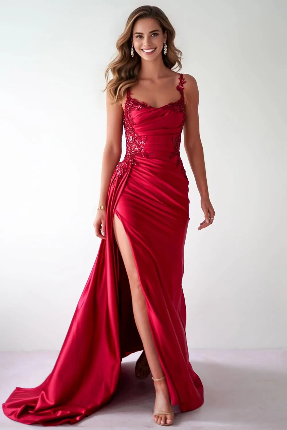 Spaghetti Strap Satin Prom Dress 2025 with Slit Long Mermaid Corset Prom Dresses Formal Evening Dresses for Women