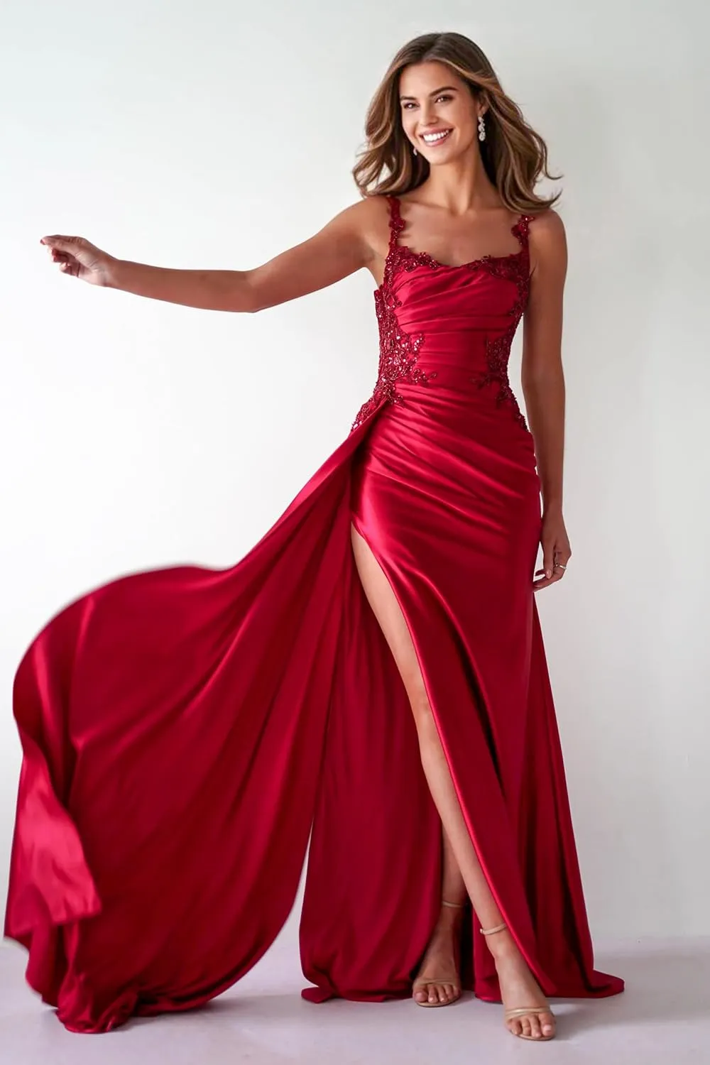 Spaghetti Strap Satin Prom Dress 2025 with Slit Long Mermaid Corset Prom Dresses Formal Evening Dresses for Women