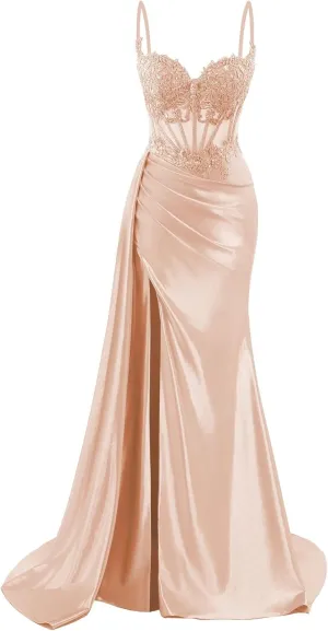Spaghetti Strap Satin Prom Dresses Long Mermaid Lace Formal Gowns Corset Evening Party Dresses with Slit