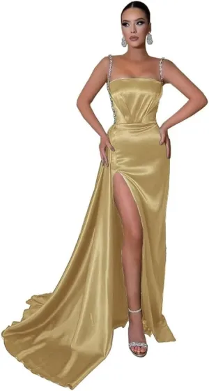 Spaghetti Straps Mermaid Prom Dresses 2024 Long Beaded Tube High Slit Pleated Satin Tight Formal Evening Party Gowns