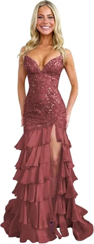 Spaghetti Straps Tiered Prom Dresses with Slit Mermaid Lace Backless Formal Cocktail Dresses for Women