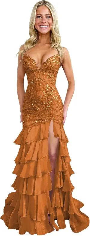 Spaghetti Straps Tiered Prom Dresses with Slit Mermaid Lace Backless Formal Cocktail Dresses for Women