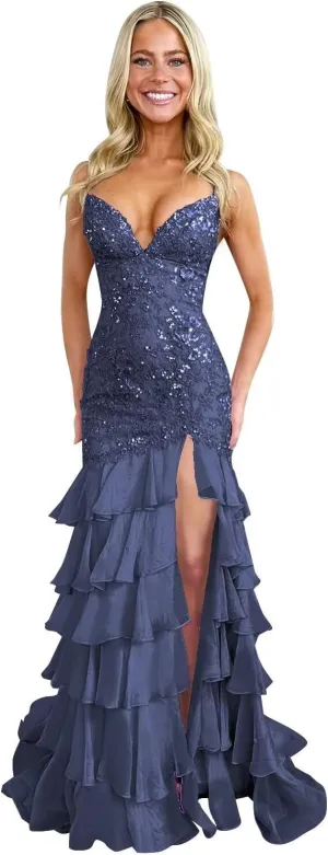Spaghetti Straps Tiered Prom Dresses with Slit Mermaid Lace Backless Formal Cocktail Dresses for Women