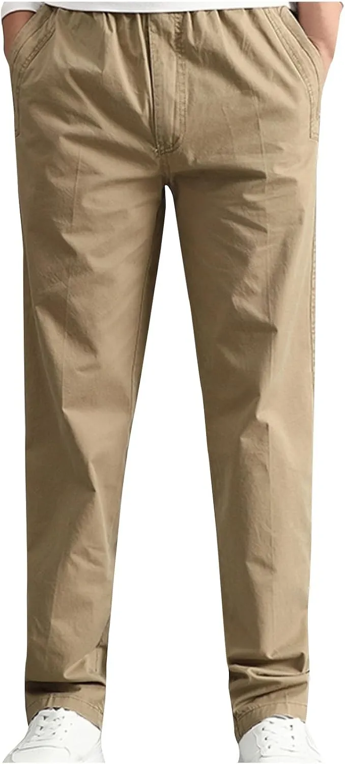 Straight Fit Cargo Pants for Men Big and Tall Elastic Waisted Joggers with Pockets Outdoor Running Hiking Trousers