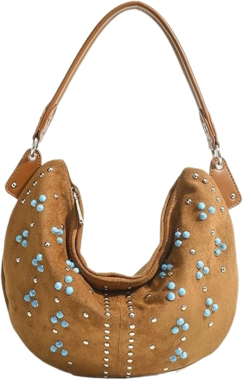 Suede Bag Boho Bag Studded Purses Brown Crescent Bag Small Hobo Purse Suede Handbag Y2k Aesthetics