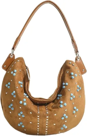 Suede Bag Boho Bag Studded Purses Brown Crescent Bag Small Hobo Purse Suede Handbag Y2k Aesthetics