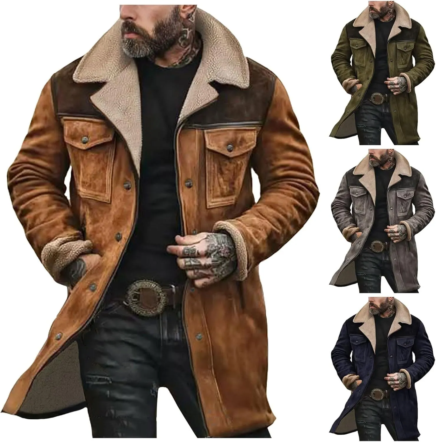 Suede Jacket Men, Men's Vintage Suede Jacket Plush Collar Coats Faux Leather Jacket Men Zip Up Motorcycle Jacket Coat