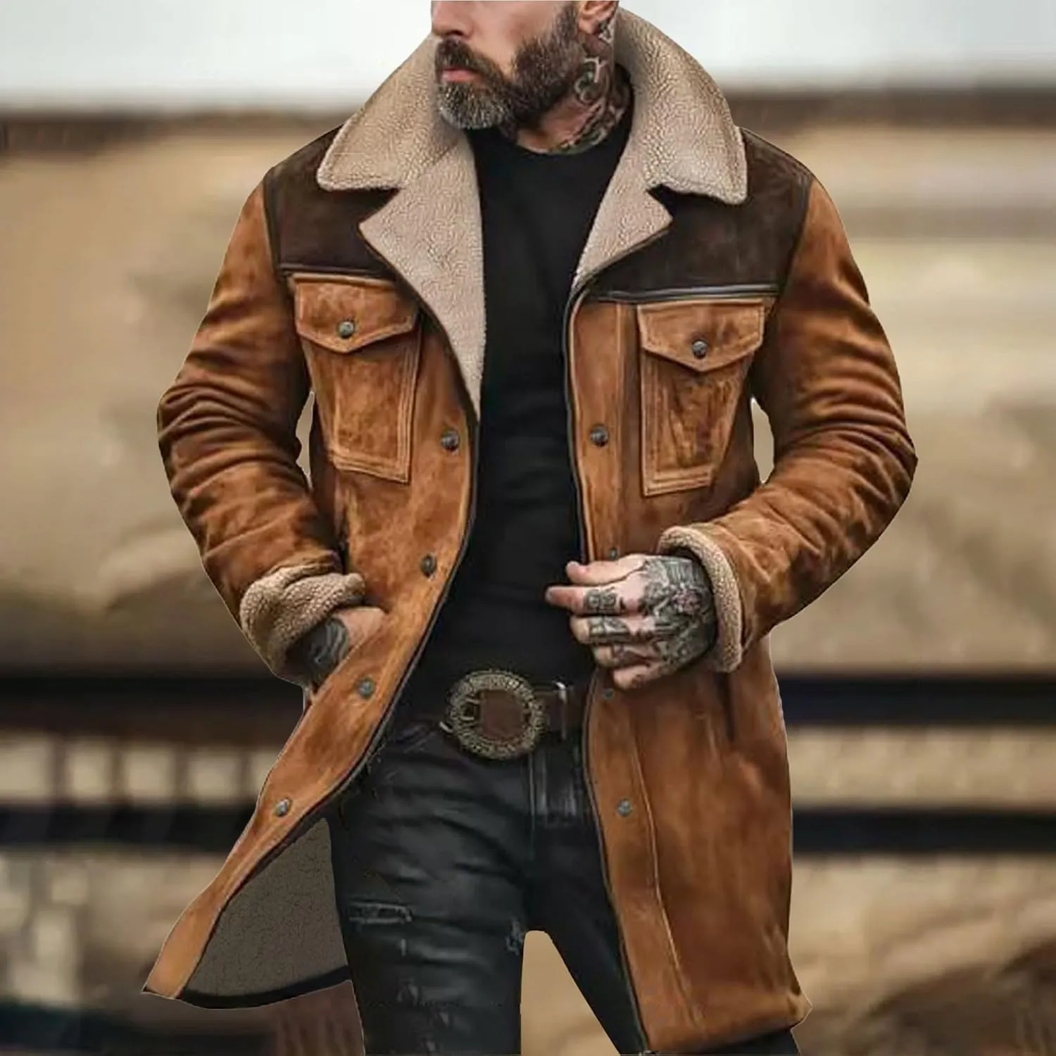 Suede Jacket Men, Men's Vintage Suede Jacket Plush Collar Coats Faux Leather Jacket Men Zip Up Motorcycle Jacket Coat
