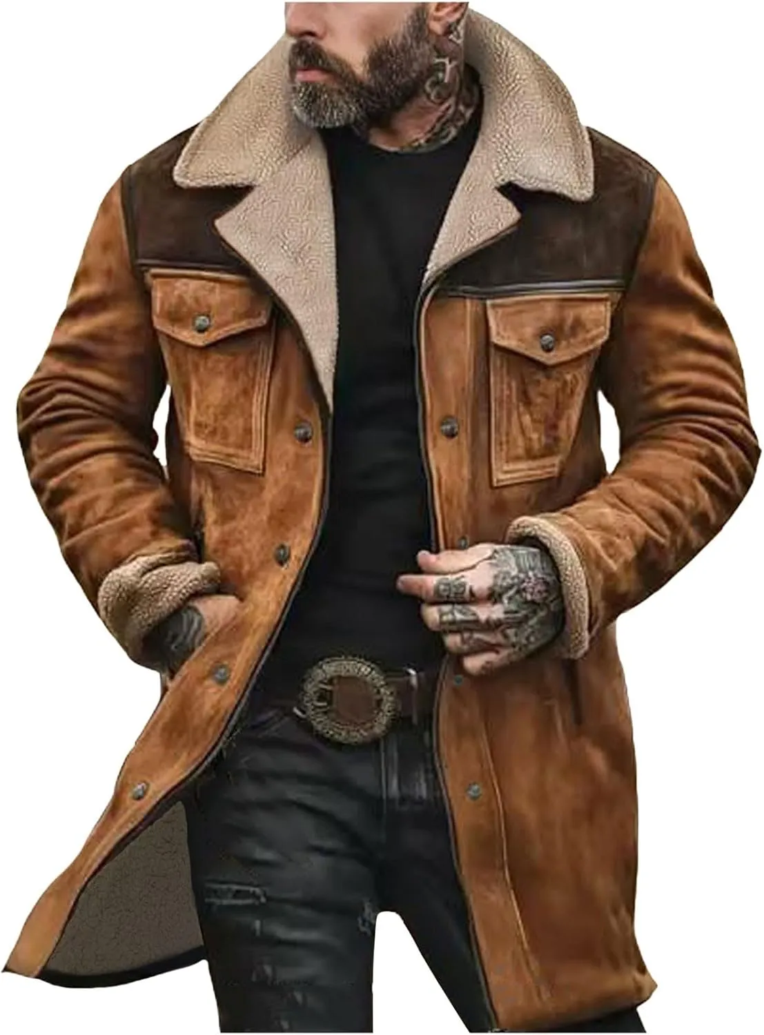 Suede Jacket Men, Men's Vintage Suede Jacket Plush Collar Coats Faux Leather Jacket Men Zip Up Motorcycle Jacket Coat