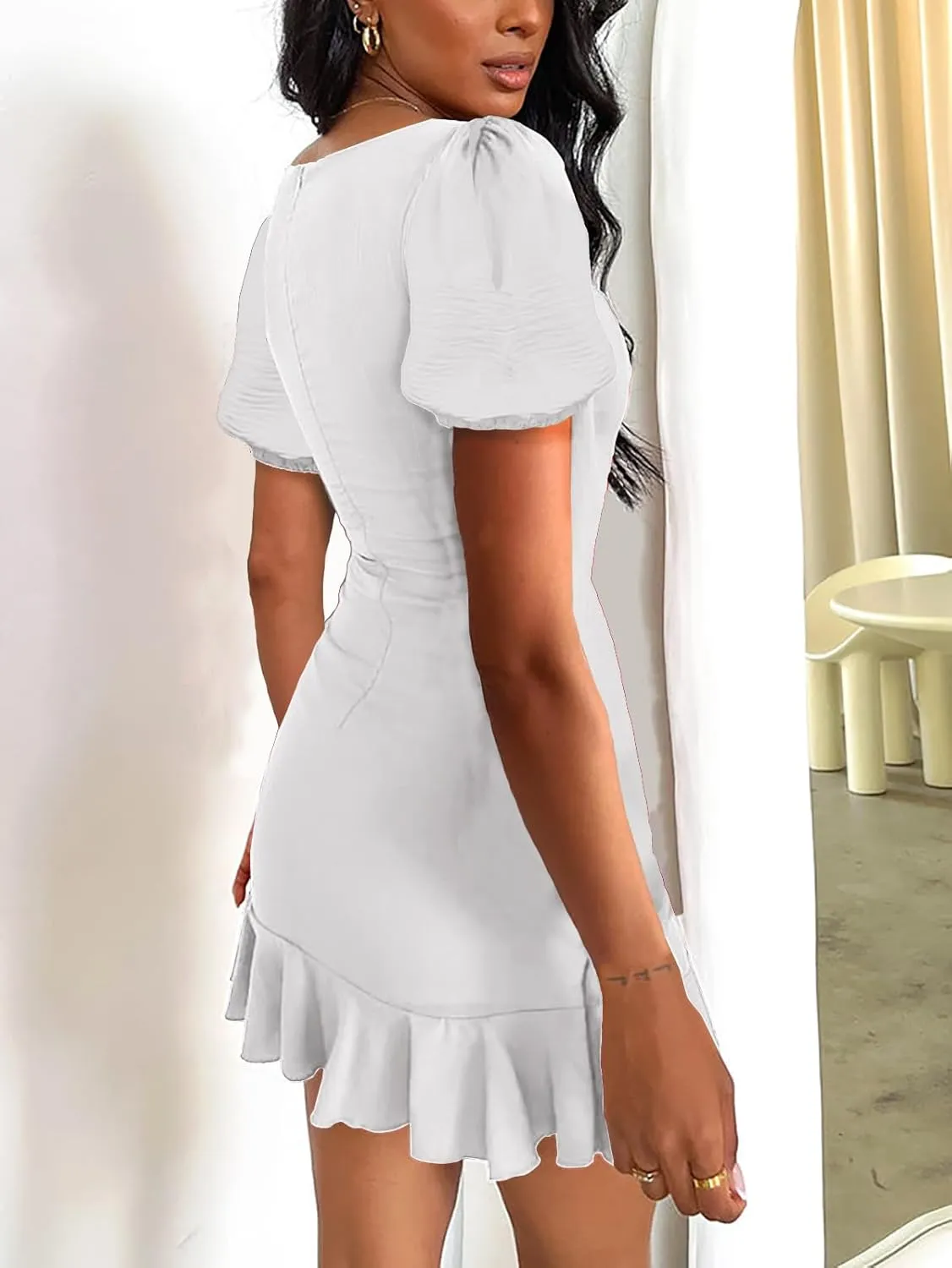 Summer Dress for Women 2025 Square Neck Short Sleeve Ruffled Casual Mini Wrap Dress