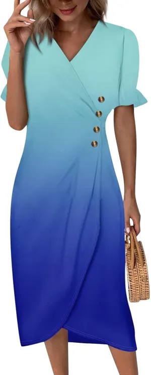 Summer Dresses for Women 2024 Wrap V Neck Short Sleeves Maxi Dresses Casual Floral Boho Flowy Beach Dresses