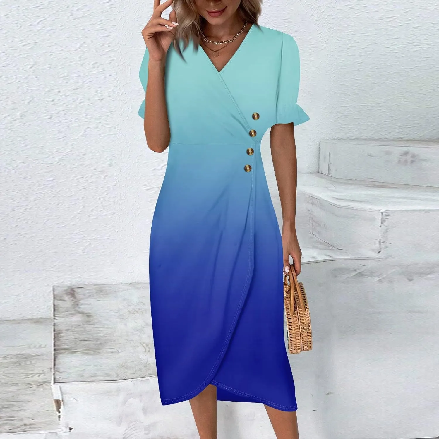 Summer Dresses for Women 2024 Wrap V Neck Short Sleeves Maxi Dresses Casual Floral Boho Flowy Beach Dresses